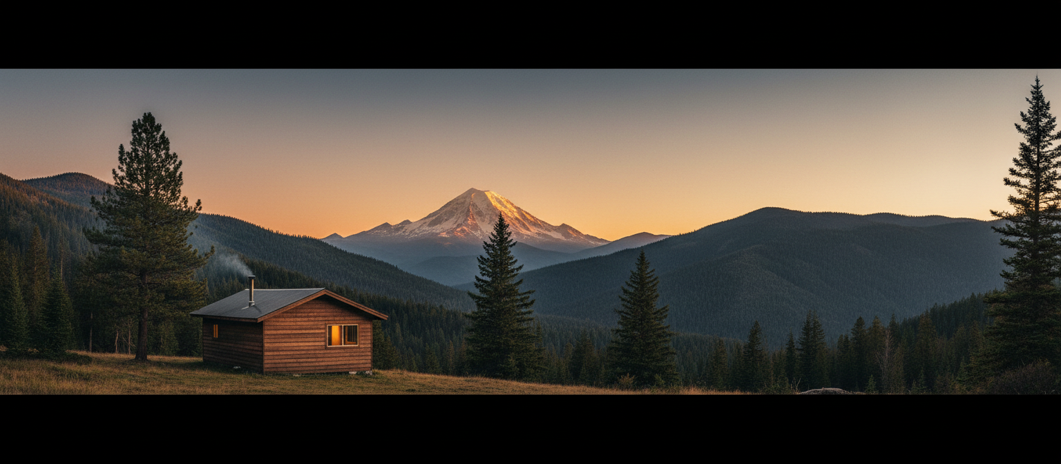 Cabin at golden hour with mountains in the distance
