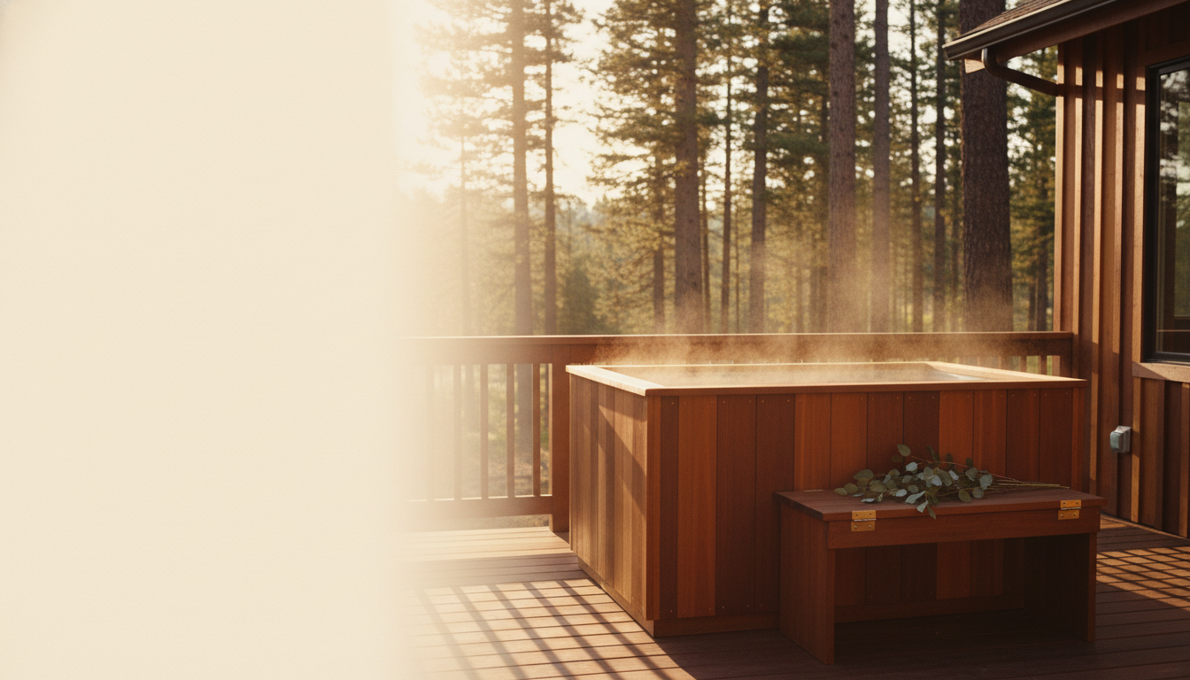 Cedar cabin deck at dawn with cold plunge and steam rising